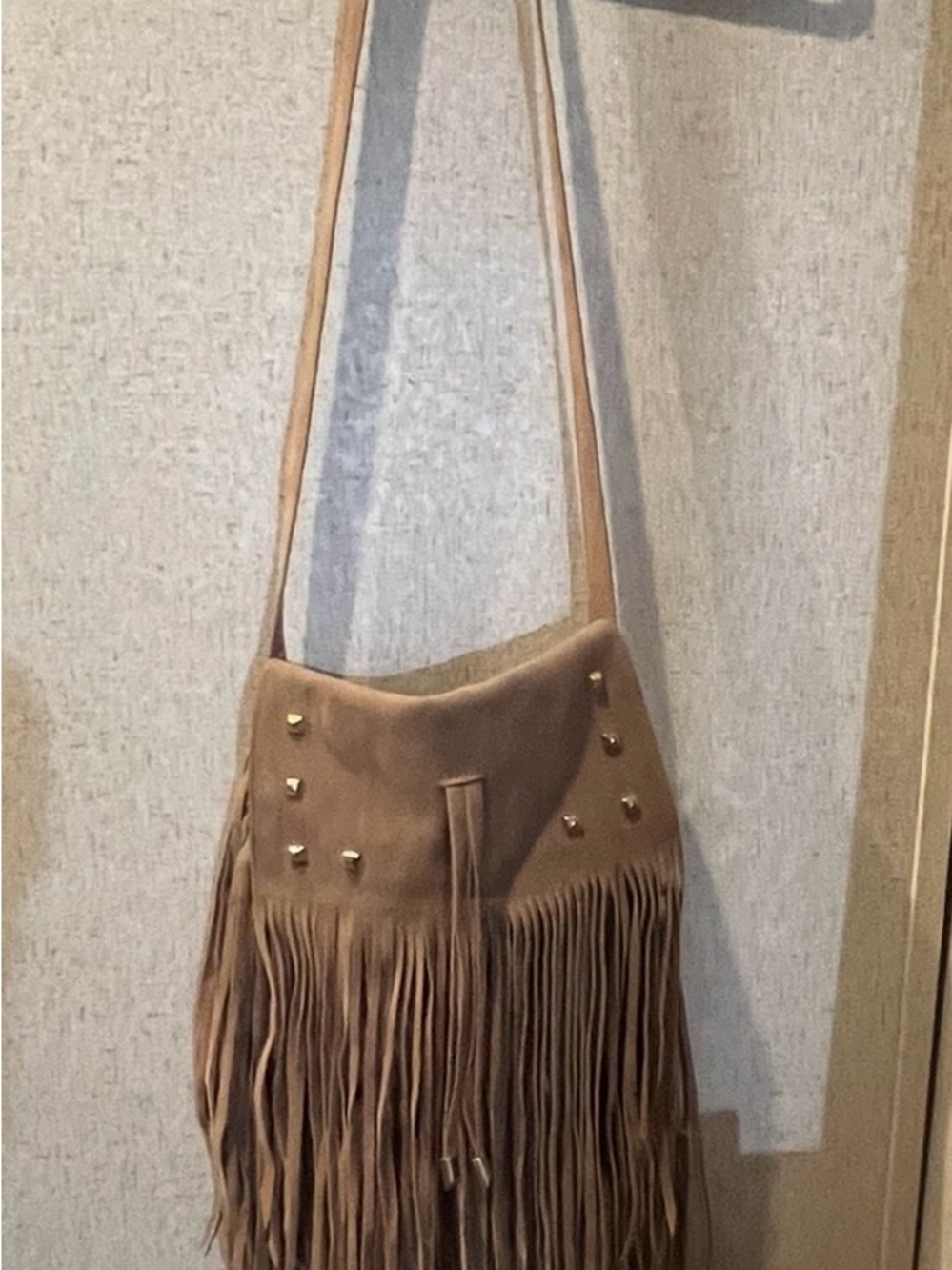 Fringed Suede Shoulder Bag in Tan with Gold Studs